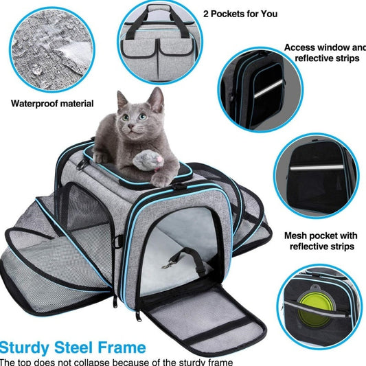 Approved Pet Carrier, Large Soft Sided Pet Travel TSA Carrier 4 Sides Expandable Cat Collapsible Carrier With Removable Fleece Pad And Pockets For Cats Dogs And Small Animals