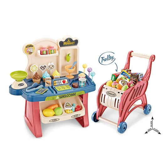 KTX-113427 Mini Plastic Cash Register Table and Shopping Cart Playset for Kids Ages 2-7