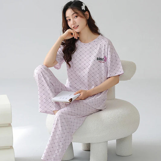 KTX-935955 Women's Pajama Set Two Pieces Short-Sleeved Trousers Homewear Sleepwear Leisure Comfortable Cotton Sweet Soft