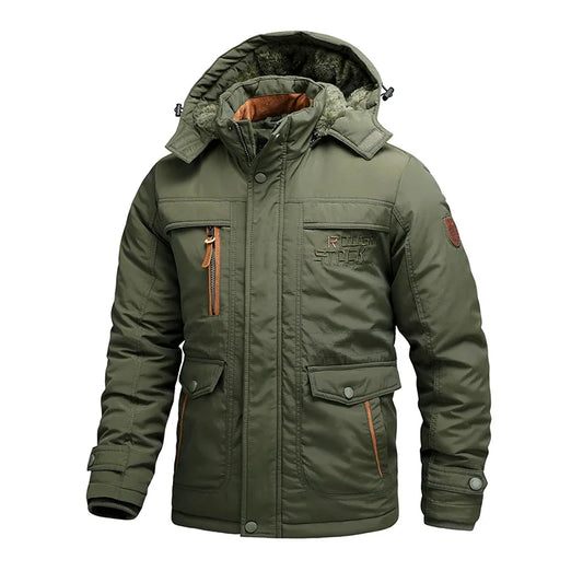 KTX-455635 Men's Thick Cotton Jacket Men's Medium to Long Outdoor Cotton Jacket Winter Warm Cotton Jacket With Fleece Hood Men's Coats