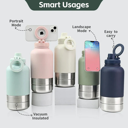 KTX-387923 32oz Stainless Steel Insulated Water Bottle with Magnetic Lid and Dual Bowls for Dogs