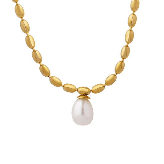 KTX-133715 Temperament Jewelry Neutral Fashion Titanium Steel Gold-plated Oval Bead Chain Imitation Pearl Pendant Necklace