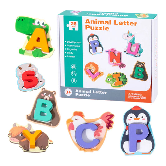 KTX-170835 Children's Wooden Animal Letter Puzzle - 26 Pcs Alphabet Matching Blocks for Educational Play