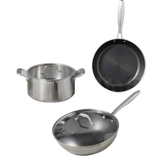 KTX-605139 Stainless Steel Kitchenware Set with 28cm Frypan, 24cm Fry Pan, 30cm Soup Pot, and Wok