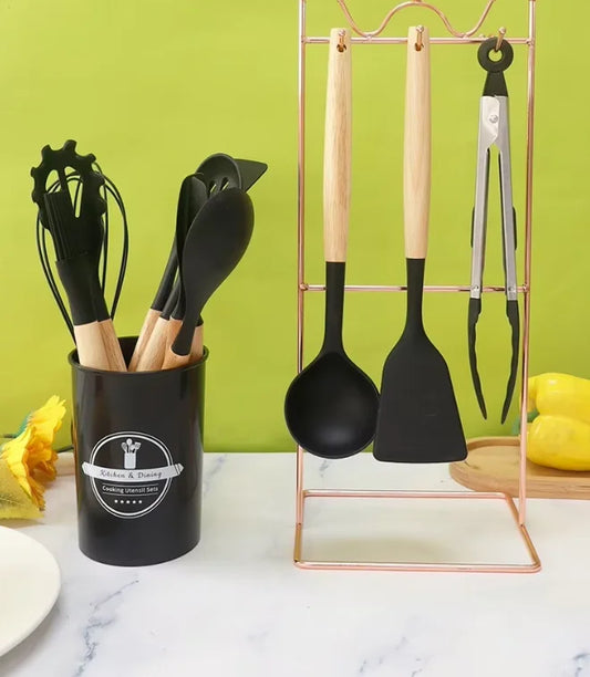 KTX-375763 Eco-Friendly Silicone Utensils Set with Wooden Handles - 12-Piece Kitchen Cookware