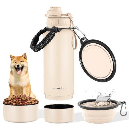 KTX-355155 Stainless Steel 32oz Portable Dog Water Bottle with Foldable Travel Bowl and Storage Bottom