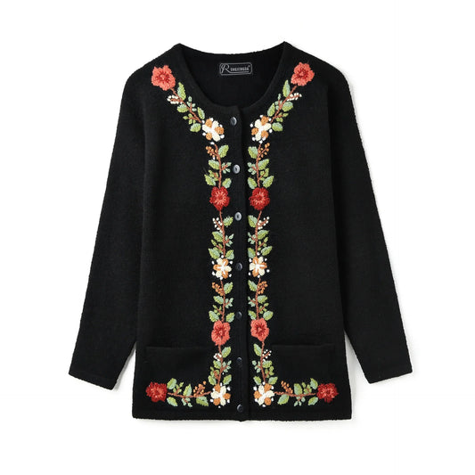 KTX-307603 Handmade Mauhair Women's Long Sleeve Crew Neck Embroidered Knitted Cardigan Retro Antique Floral Casual Winter Button Plus Front
