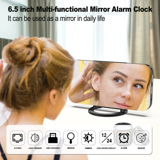KTX-042195 Modern Digital LED Alarm Clock with Mirror Display and USB Charging Ports