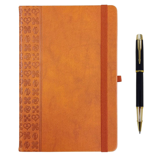 KTX-587603 A5 Brown PU Notebook with Pen, Elastic Closure, 128 Lined Pages, 100g Paper