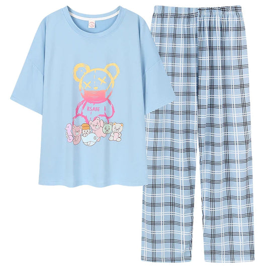 KTX-870419 Perfect Quality Nightclothes Cartoon Pyjamas Women'S Sleepwear Home Wear 2 Piece Set Short Sleeve Trouser Loose Pajamas