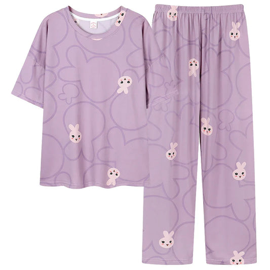 KTX-837651 Cartoon Printing Leisure Style Round Neck Female Short Sleeves Long Pants Cotton Pajamas for Women