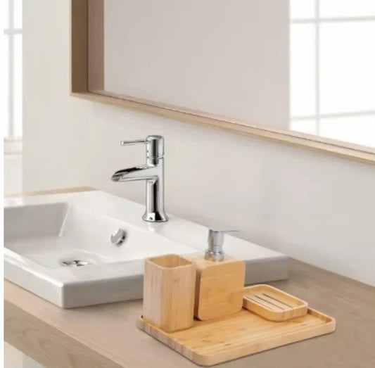 KTX-350611 Bamboo Bathroom Accessories Set with Shower Soap Dish and Mouthwash Cup for Home or Hotel Use