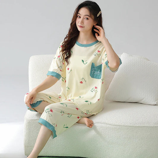 KTX-509971 High Quality Super Soft Cute Printing Short Sleeve Cropped Trousers Pyjamas Women Sleepwear