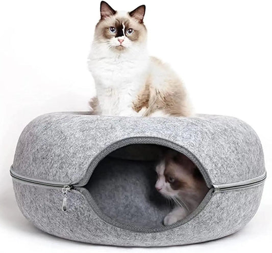 KTX-045587 Detachable and Washable Felt Cat Tunnel Bed - Cozy Donut Nest for Cats