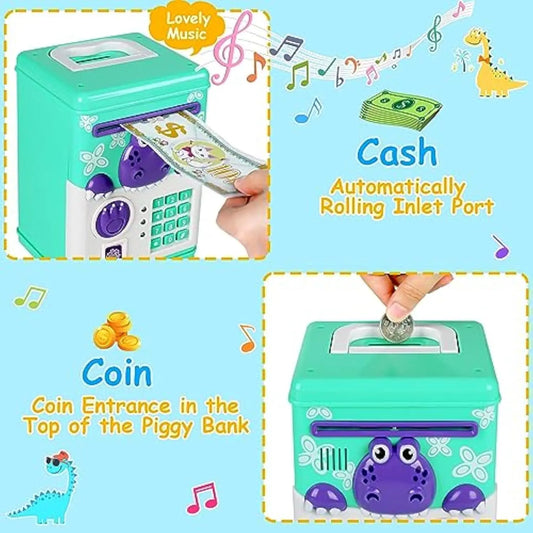 KTX-719059 Dinosaur Mini ATM Piggy Bank for Kids – Fun Plastic Saving Toy with Sound Feature
