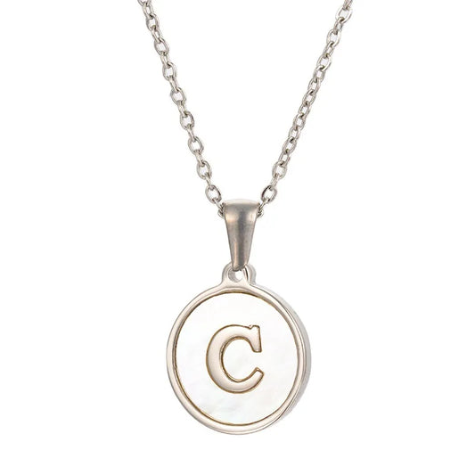 KTX-937107 Ins Fashion Jewelry Necklaces White Shell Letter Necklace Fade Resistant Stainless Steel Round Initial Charm Necklace