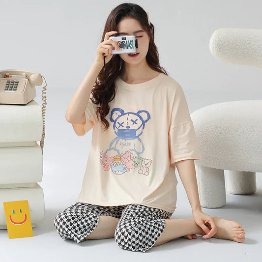 KTX-444435 2pcs Pajamas for Women Set Summer Short Sleeves Seven-point Pants Night Wear Suit Soft Cotton Comfortable Women's Sleepwear