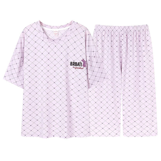 KTX-608275 Pajamas Women's Summer Cotton Short Sleeved Seven-point Pants Casual Light Purple Home Clothes Two-piece Suit