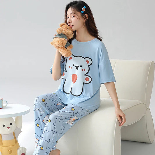 KTX-067027 New Thin Pajamas Casual Loose Short-sleeved Trousers Suit Summer Outerwear Cotton Home Service