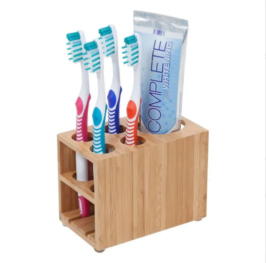 KTX-317843 Bamboo Wall-Mounted Toothbrush and Toothpaste Holder for Eco-Friendly Bathroom Storage