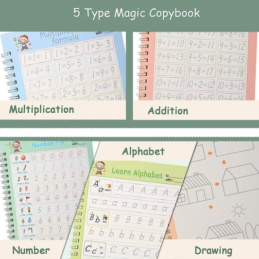 KTX-136595 Reusable Handwriting Practice Copybook for Kids - 5 Set Grooved Workbooks