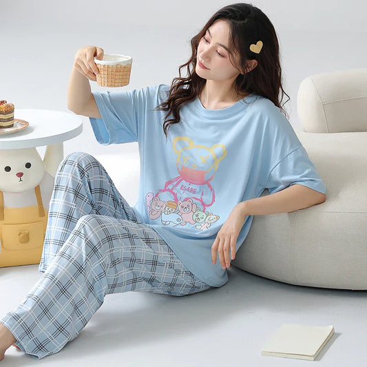 KTX-870419 Perfect Quality Nightclothes Cartoon Pyjamas Women'S Sleepwear Home Wear 2 Piece Set Short Sleeve Trouser Loose Pajamas