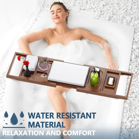 KTX-416147 Expandable Bamboo Bathtub Caddy Tray for Relaxing Bath Experience