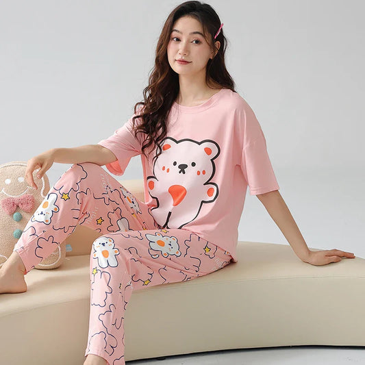 KTX-034259 Cartoon Ladies Night Wear Suits Sleep Wear Two-piece Cotton Comfortable Women Short Sleeved Trousers Pajamas Sets