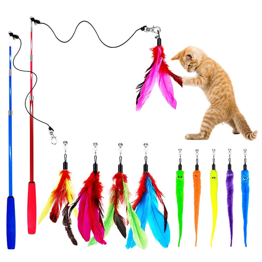KTX-112275 Eco-Friendly Plush Cat Toy Set with Retractable Rod and Feather Replacement Head for Interactive Play