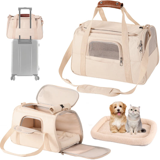 KTX-012819 Durable Foldable Cat Travel Carrier with Mesh Ventilation and Dual-Use Storage Pocket