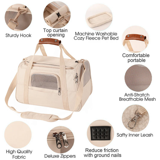 KTX-012819 Durable Foldable Cat Travel Carrier with Mesh Ventilation and Dual-Use Storage Pocket