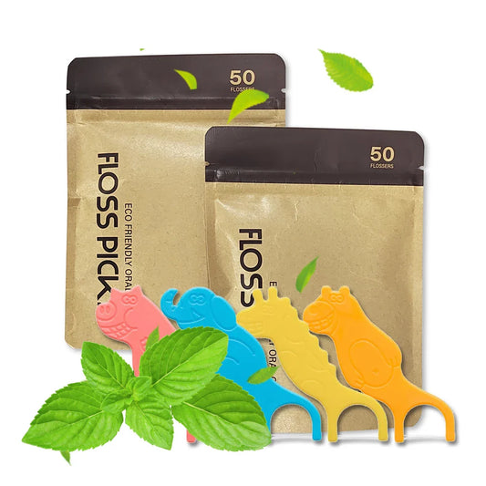 KTX-373075 Biodegradable Children’s Animal Dental Floss Picks - Colourful Recycled Plastic Travel Pack Set