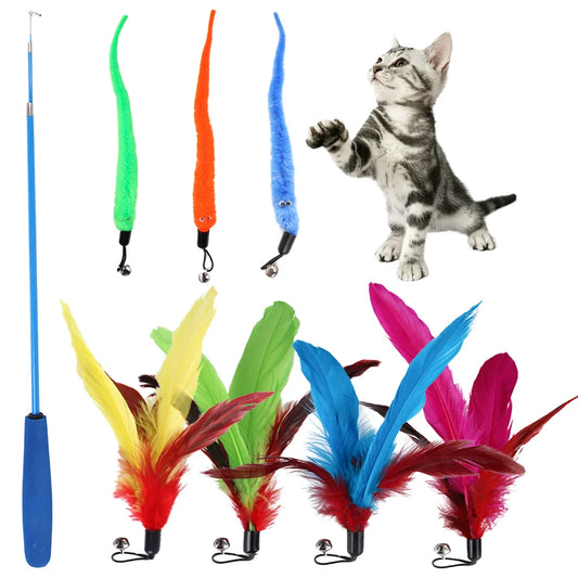 KTX-112275 Eco-Friendly Plush Cat Toy Set with Retractable Rod and Feather Replacement Head for Interactive Play