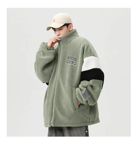 KTX-603667 Men's Large Size Warm Cotton Jacket With Winter Stand-Up Collar 550g Lamb Wool Contrasting Zipper Closure Clothing