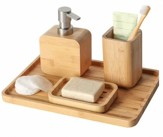 KTX-350611 Bamboo Bathroom Accessories Set with Shower Soap Dish and Mouthwash Cup for Home or Hotel Use
