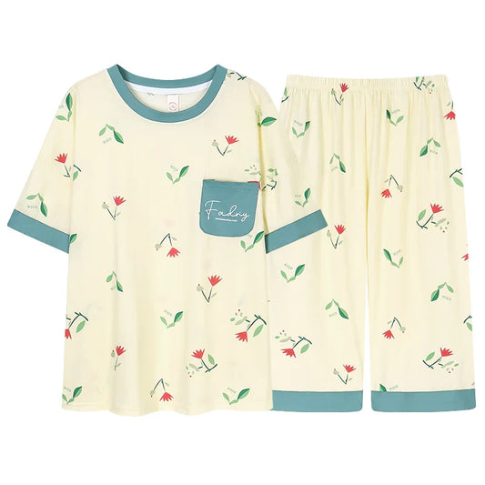KTX-509971 High Quality Super Soft Cute Printing Short Sleeve Cropped Trousers Pyjamas Women Sleepwear