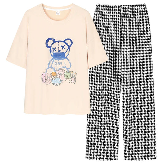 KTX-903187 Summer 2 Pieces Short-Sleeved Trousers Set Wearable Cartoon Print Round Neck Plus Size Home Pajamas Set