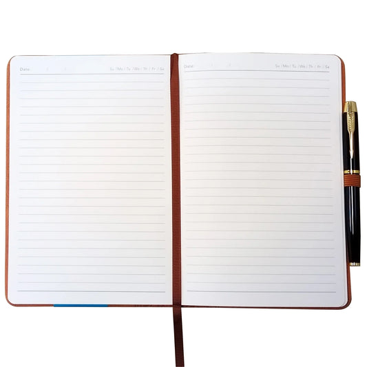 KTX-587603 A5 Brown PU Notebook with Pen, Elastic Closure, 128 Lined Pages, 100g Paper