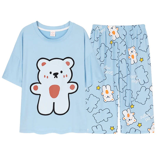 KTX-739347 New Arrival 2 Sets Short Sleeve Seven-minute Pants Thin Cute Cartoon Sleepwear Women's Cotton Pajamas