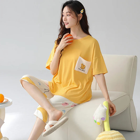 KTX-772115 Cartoon Women Pajamas Set Cotton Soft Sleepwear Pjs Short Sleeve Nightwear With Seven-point Pants