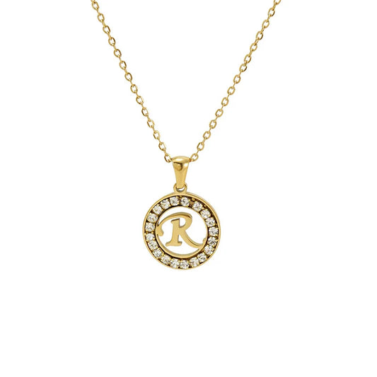 KTX-904339 Fashion 18k Gold Plated Chain Letter Shell Necklace Waterproof Stainless Steel Initial Pendant Necklace with Zircon Rhinestone