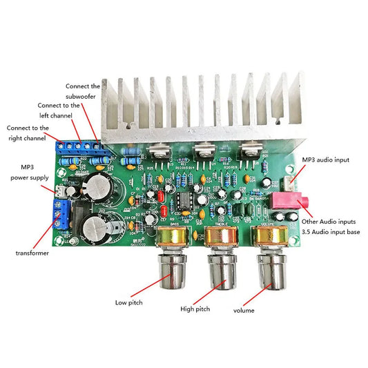 KTX-222419 3-Channel 2.1 Power Amplifier Board TDA2050/TDA2030A, 18W*2 + 32W Low-Noise Subwoofer Module