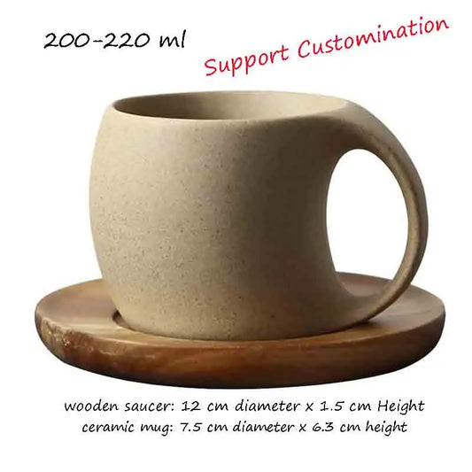 KTX-826323 Japanese Ceramic Coffee Mug with Wooden Saucer - Elegant Porcelain Tea Cup Set