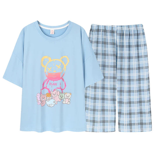 KTX-477203 Women's Cotton Short-sleeved Seven-point Pants Summer Home Service Suit Women's Loose Hedging Cartoon Pajamas