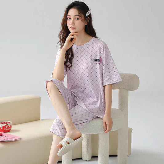 KTX-608275 Pajamas Women's Summer Cotton Short Sleeved Seven-point Pants Casual Light Purple Home Clothes Two-piece Suit