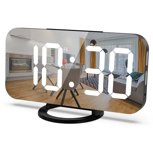 KTX-042195 Modern Digital LED Alarm Clock with Mirror Display and USB Charging Ports