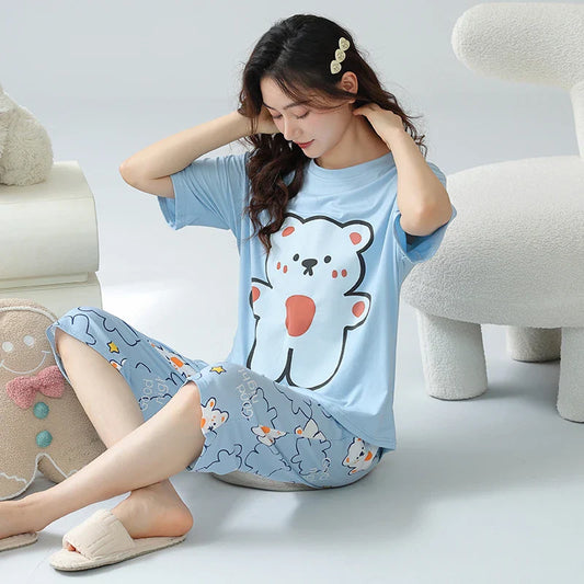 KTX-739347 New Arrival 2 Sets Short Sleeve Seven-minute Pants Thin Cute Cartoon Sleepwear Women's Cotton Pajamas