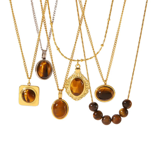 KTX-806035 Vintage Tiger's Eye Stone Pendant Necklace Geometric Opal Stainless Steel Necklace Neutral Fashion Jewelry
