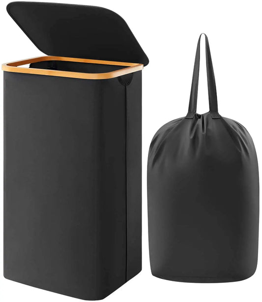 KTX-500115 Large Foldable 100L Laundry Basket with Lid and Bamboo Handles, Removable Laundry Bag Included