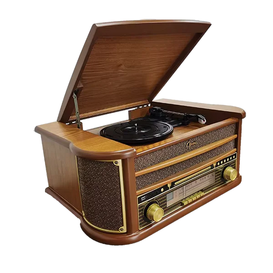 KTX-612179 Multifunctional Retro Wooden Turntable with AM FM Radio, USB and Bluetooth Connectivity, Plays Vinyl Records, CDs, and Tapes